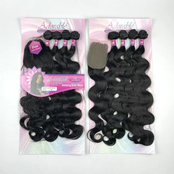 Pack Adorable Solution de paquet complet Faisceaux de cheveux synthétiques avec fermeture à dentelle 4 * 4 faite à la machine gratuite 24 pouces Noir incroyable vague de corps 4pcs