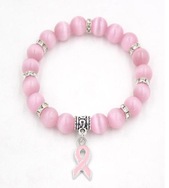 Pack de bijoux de sensibilisation au Cancer du sein, Bracelet en perles d'opale rose blanc, bracelets à breloques en ruban, 6326665