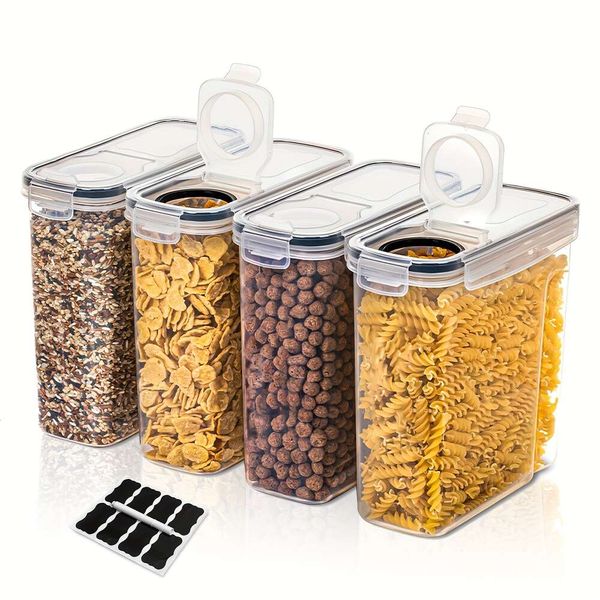 Juego de contenedores, recipientes herméticos de plástico sin BPA para almacenamiento de alimentos, 2,5 l/88 oz para cereales, aperitivos y azúcar, juego de 4 dispensadores de cereales con pizarra