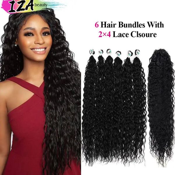 Pack IZA synthétique crépus bouclés cheveux paquets avec fermeture à lacets Ombre Blonde longs cheveux bouclés organiques 28/30/32 pouces 6 pièces avec fermeture 2*4