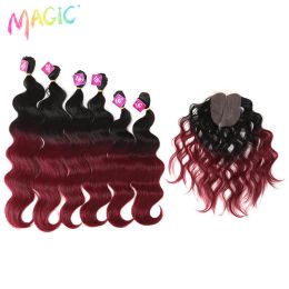 Pack Magic Synthetisch Haarbundels Met Sluiting Body Wave Zacht Haar 1620 inch 7 Stuks/partij 240g Middelste Deel Vetersluiting Vezel Cosplay