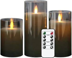 Emballage de 3 bougies à batterie à LED Fluffining W / 10 Clé Remote Contrôle de paraffine cire de mèche Pilier de mèche Verre de verre SET-GRAY 240417