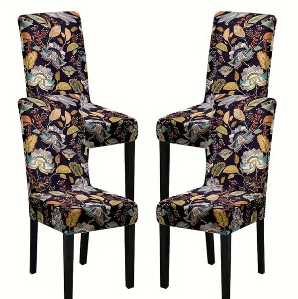 Lot de 4 housses de chaise florales – Housses de siège de salle à manger extensibles avec motif botanique élégant, fixation universelle