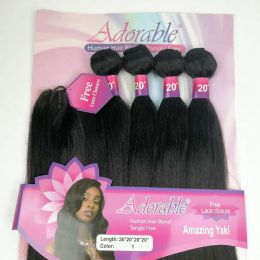 Pack Pack Adorable Amazing Yaki Straight 4PCS + 1 Set / 1822 pouces Synthétiques Bundles avec fermeture Natural Weave Afric Afro Hair