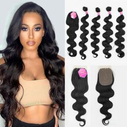Emballage Pack Body Wave Synthetic Hair Bundles with Closure Ombre Brown Synthetic Hair Weave Fackles 24 pouces 4pcs Cheveux naturels
