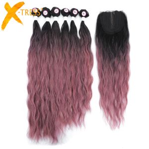 Pack packs de cheveux synthétiques avec fermeture partie médiane rose rose ombre couleur coiffure tissage pour les femmes xtress longue vague naturelle