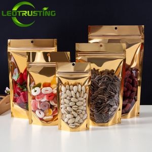 Verpakking Zakken 100 stks Stand up Hersluitbare Clear Front Gouden Rits Verpakking Zak Handgemaakte Snack Maïs Koffie Chocolade Droog Fruit Geschenken Pouches 230710