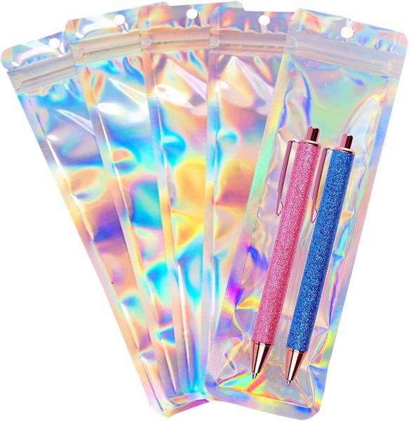 Sacs d'emballage Petites entreprises-2.4x9 pouces sacs de stylo holographique refermables pour l'emballage de bijoux de brillant à lèvres sac d'échantillon cosmétique