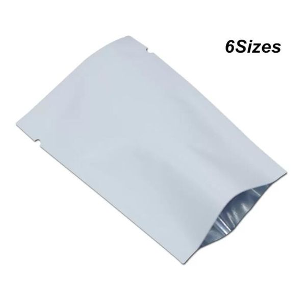 Sacs d'emballage Blanc 100 pièces sacs en aluminium Mylar à dessus ouvert encoches de déchirure pochette de stockage de nourriture en papier d'aluminium pour collations épices bonbons thermoscellés sous vide paquets d'échantillons