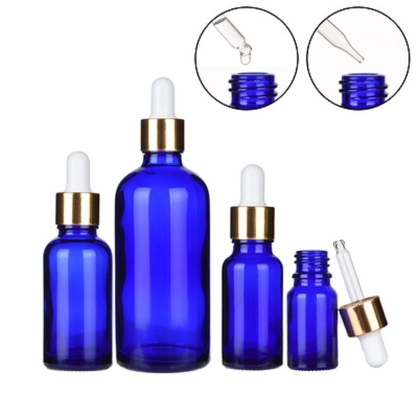 Embalaje Botella transparente azul Anillo de oro Vidrio superior blanco Viales cuentagotas de aceite esencial Envase cosmético recargable portátil vacío 5ML 10ML 15ML 20ML 30ML 50ML 100ML