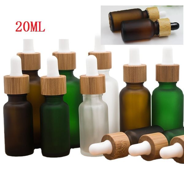 Botellas de embalaje 10 15 ml 20 30 ml Botella cuentagotas de vidrio verde esmerilado con tapa de bambú Botella de vidrio de aceite esencial 20 ml