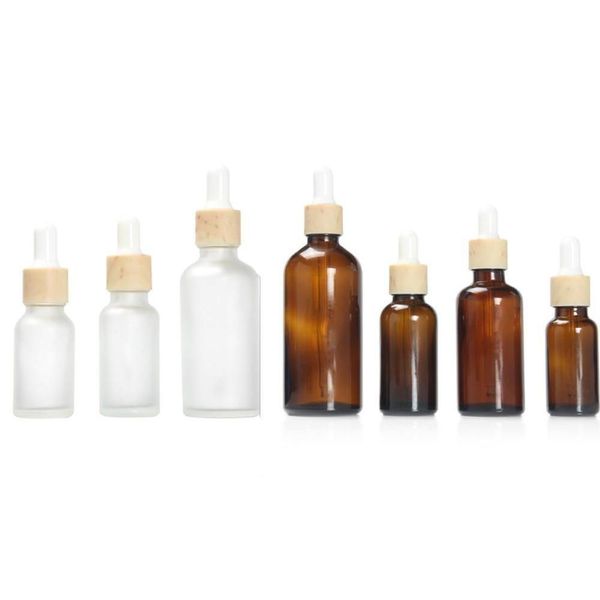 Botellas de embalaje al por mayor 15 ml 30 ml 50 ml botella cuentagotas de vidrio blanco ámbar esmerilado con tapa de grano de madera de plástico 1 oz bambú esencial dhwpg