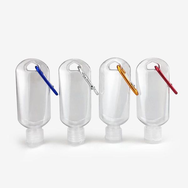 Botellas de embalaje al por mayor Botellas de embalaje de gel desinfectante para manos vacías con gancho Botellas recargables de jabón líquido de 50 ml Dispensador de alcohol exprimido transparente para viajes