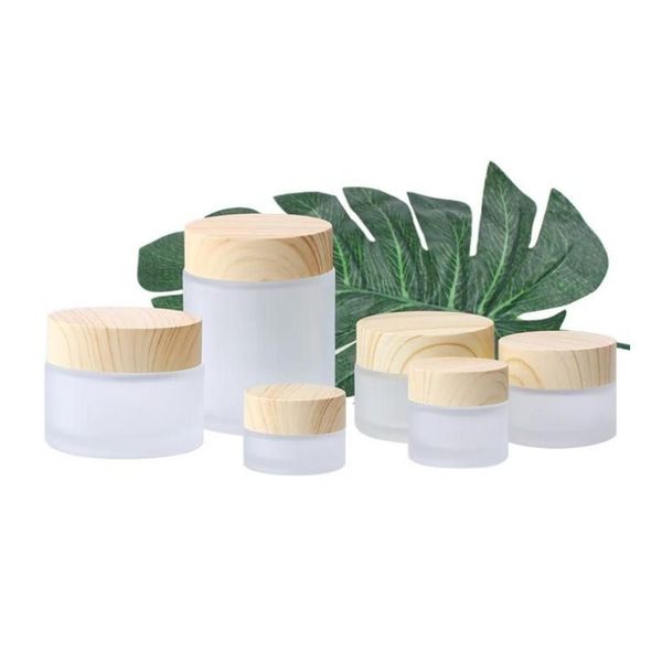 Bouteilles d'emballage en gros pot en verre dépoli crème pots cosmétiques ronds bouteille pour le visage avec bouchon en grain de bois 5g-10g-15g-30g-50g-100g dh7rv