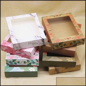 Boîtes d'emballage Emballages cadeaux Boîte en papier Papiers kraft Motifs exquis Fenêtre en PVC Différentes couleurs Conteneurs imprimés pour l'emballage du produit