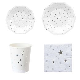 Verpakking dinerservice 2021 zilveren folie wegwerp tafel centerpieces star patroon papier platen cups plastic rietjes servies sets voor par