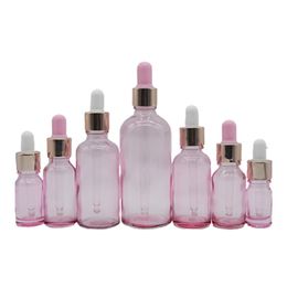 Emballage Bouteille en verre portable vide Flacons roses transparents Collier en or cosmétique Pipette en caoutchouc à dessus rose blanc Récipient rechargeable 5 ml 10 ml 15 ml 20 ml 30 ml 50 ml 100 ml