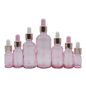 Emballage Bouteille en verre portable vide Flacons roses transparents Collier en or cosmétique Pipette en caoutchouc à dessus rose blanc Récipient rechargeable 5 ml 10 ml 15 ml 20 ml 30 ml 50 ml 100 ml