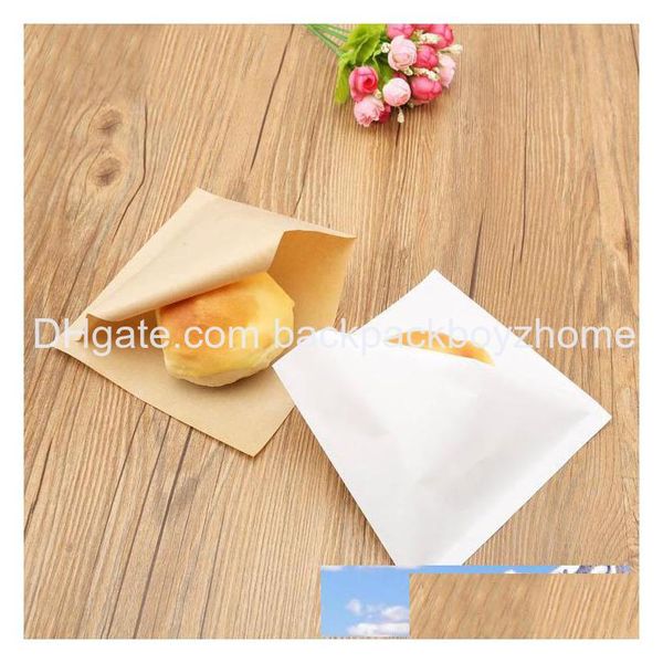 Sacs d'emballage 100pcs 15x15cm sac d'emballage en papier kraft résistant à l'huile sandwich beignets pour boulangerie pain alimentaire triangle blanc tan goutte livrer Otws4