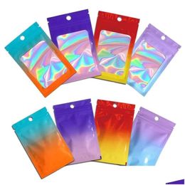 Verpakking Zakken 100 Stuks Veel Kleurverloop Platte Rits Holografische Aluminiumfolie Pouch Sieraden Cosmetica Gift Retail Met Hang Gat Drop D Otle3