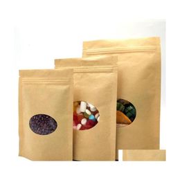 Verpakkingszakken 100 stks/lot Kraft papieren zakken staan ​​op herbruikbare afdichting voedselzakken met transparant venster voor het opslaan van koekje gedroogde snack dhzku