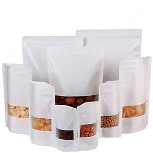 Verpakking Zakken 100 stks/partij Kraft Rits Stand Up Tas Hersluitbare Wit Papier Voor Voedsel Opslag Snack Cookie Met Matte Venster Pakket Drop Ot3Lz