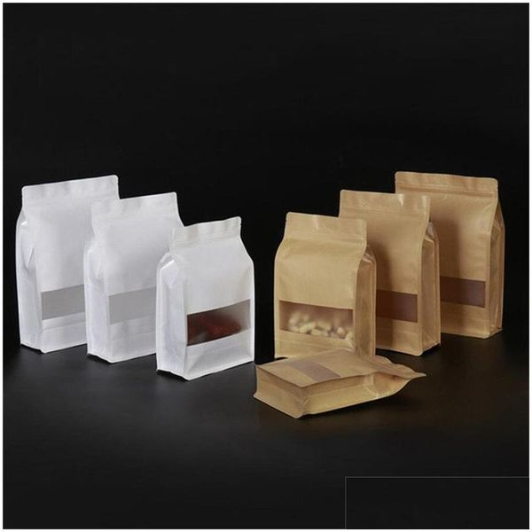 Sacs d'emballage 100Pcs / Lot Réutilisable Stand Up Kraft Papier Café Snack Cookie Cadeaux Stockage Avec Fenêtre Pochette Alimentaire Drop Delivery Office Sc Ot3Si