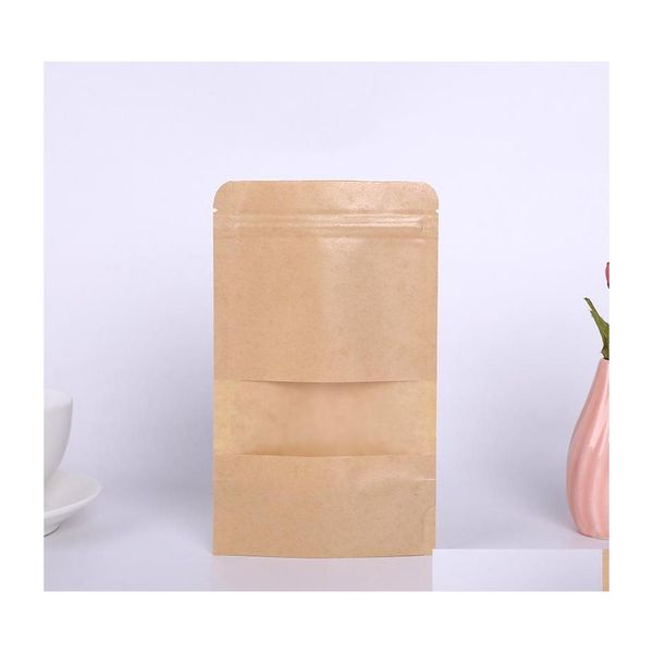 Sacs d'emballage Sac en papier kraft 12 tailles Stand Up Cadeau Aliments secs Fruits Thé Emballage Pochettes Fenêtre Détail Fermeture à glissière Auto-étanchéité Goutte de Dhjsc