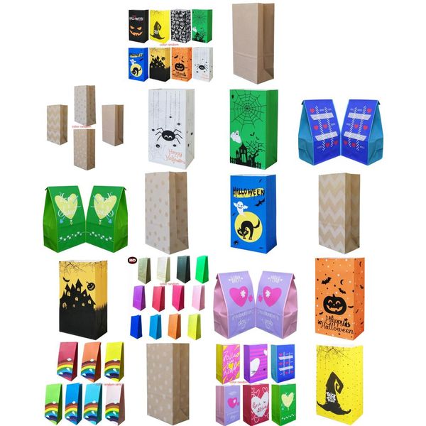 Sacs D'emballage Party Favor Kraft Papier Sac 13X8X24Cm Bonne Chance Toile D'araignée Verte Halloween Hamburger Popcorn Emballage Points Col Naturel Otwre