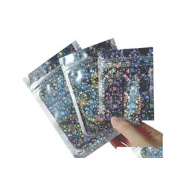 Sacs d'emballage refermable Smell Proof Foil Pouch Bag Flat Mylar For Party Favor Food Storage Holographic Color With Glitter Star Drop Dhq2S