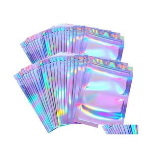 Sacs d'emballage refermables Smell Proof Mylar Foil Pouch Flat Zipper Bag Laser Rainbow Holographic Color Packaging For Party Favor Food Dhi0W