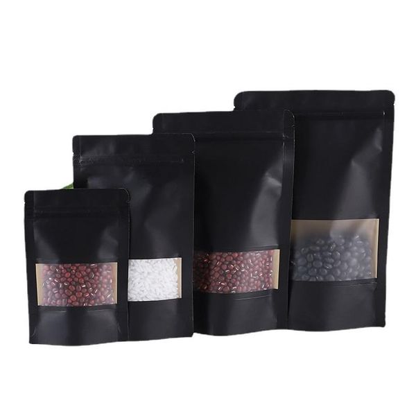 Sacs d'emballage Stand Up Black Paper Frosted Window Self Seal Bag Rescellable Snack Biscuit Coffee Gifts Thermoscellage Emballage Pochettes Dhlvm