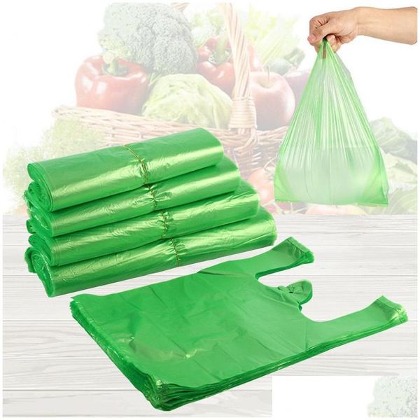 Bolsas de embalaje al por mayor 100 unids 4 tamaños Chaleco verde Bolsa de plástico Regalo desechable Supermercado Tienda de comestibles S con asa Envasado de alimentos 220 DHVOF