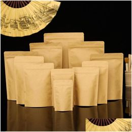 Verpakkingszakken Groothandel 100 van de 100 stks/Lot Aluminium Folie Bruin Kraft Paper Stand Up -zakpakket Herbruikbare opbergtas voor Food Tea Drop Dhgrl