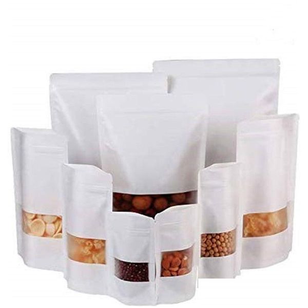 Sacs d'emballage En gros 100 pièces/lot sacs en papier Kraft sac à fermeture éclair blanc debout pochettes alimentaires emballage refermable avec fenêtre mate Offic Dhawz