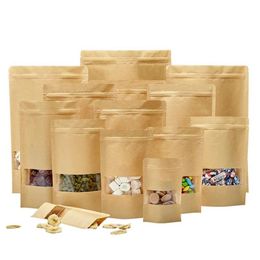 Bolsas de embalaje al por mayor de 100 piezas de lote de lote Kraft Bag Bag Reusable Sellado con almacenamiento transparente de ventanas para alimentos secos COF DHJVD