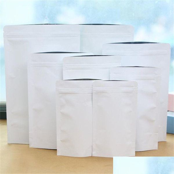 Bolsas de embalaje al por mayor 100pcs/lote blanco bolsita de papel kraft papel de aluminio de aluminio bolsas de pie reciclables almacenamiento de sellado reciclable para té café caída dhnct
