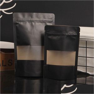 Bolsas de embalaje Venta al por mayor 4 Tamaño Negro Papel Kraft Bolsa de ventana esmerilada Stand Up Snack Cookie Té Café Embalaje X-Mas Bolsa de regalo Lx Drop Dh7Z9