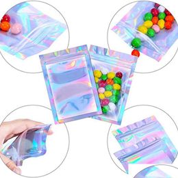 Sacs d'emballage Vente en gros 500pcs Sacs Mylar refermables Couleur holographique Mtiple Tailles Sac anti-odeur Clear Zip Lock Food Candy Stor DHCQA