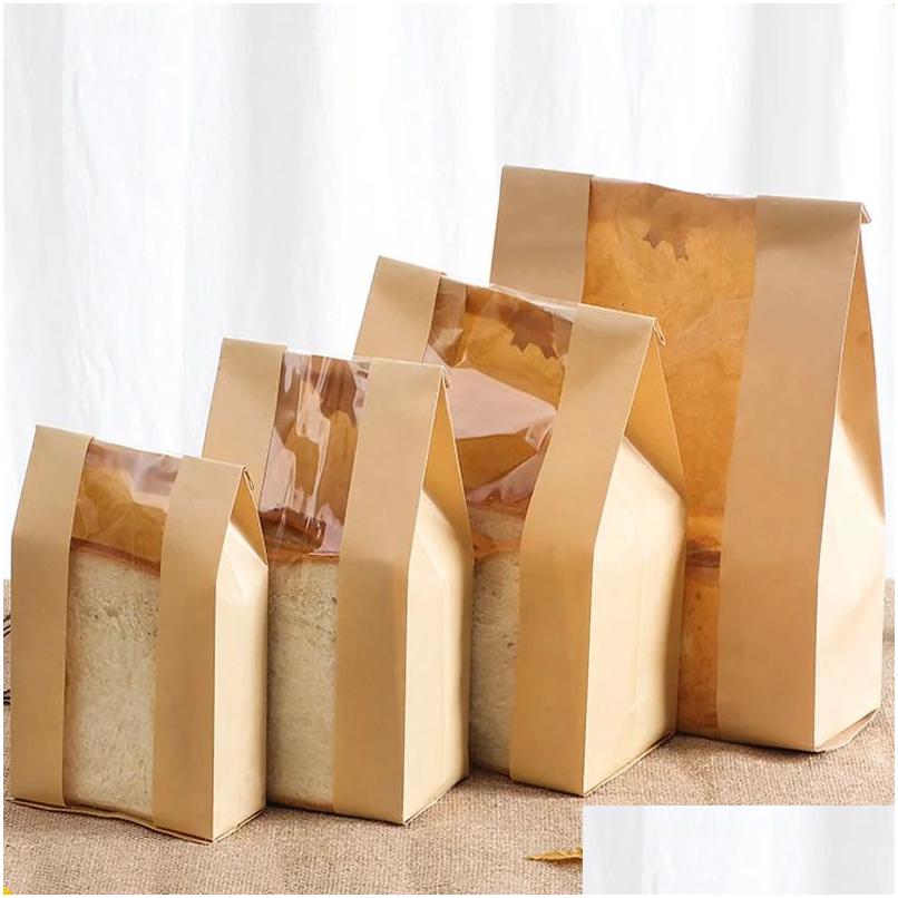 Paketleme çantaları toptan 50pcs pencere ekmek ambalaj ile kraft kağıt torba el yapımı tost bisküvi şeker pounches fırın malzemesi parti dhzad
