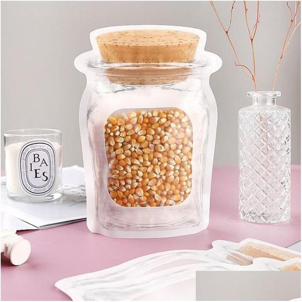 Sacs d'emballage en gros stockage des aliments fermeture à glissière anti-odeur réutilisable Mason Jar Lock Stand Up sac bouteille forme plastique qualité cadeaux Drop De Otzpe