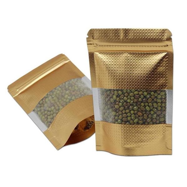 Bolsas de embalaje Venta al por mayor Oro con ventana Stand Up Bolsa de papel de aluminio Líneas Autoadhesivo Almacenamiento de alimentos Doypack Café Té Snack Bolsa para fiesta L Dhudi