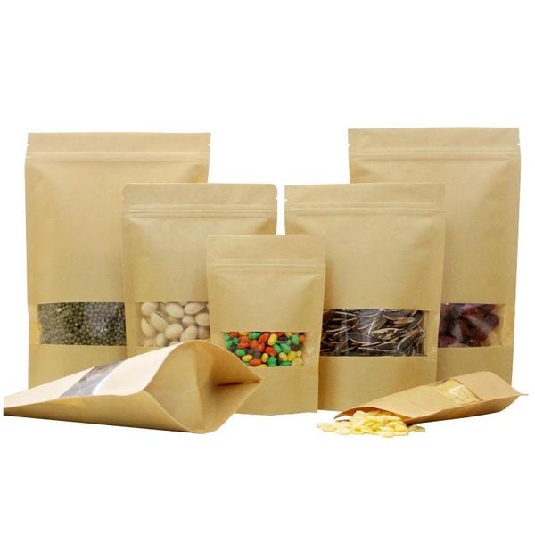 Bolsas de embalaje Bolsa de papel Kraft al por mayor con ventana Bolsas de pie Bolsas para regalo Alimentos secos Fruta Té Embalaje Almacenamiento Oficina Escuela DHC7H