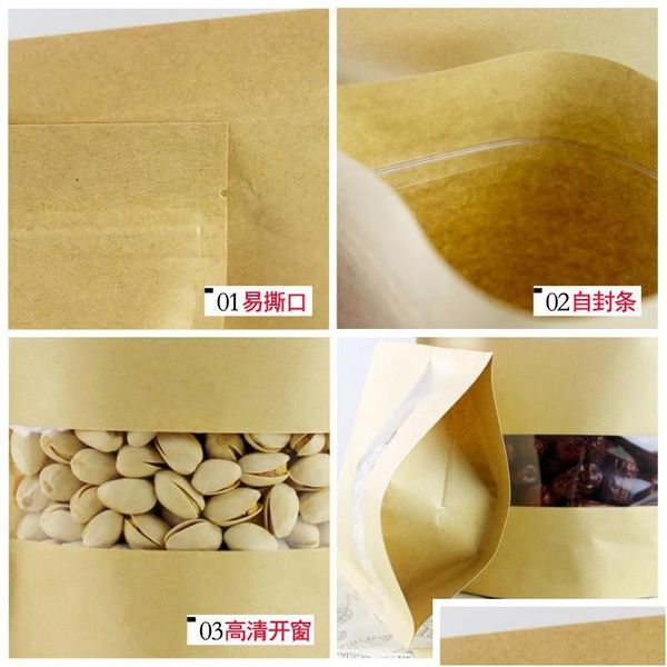 Sacs d'emballage En gros Fenêtre ouverte Sac en papier kraft Alimentaire Fermeture à glissière étanche à l'humidité Cadeau en plastique Graines de melon Emballage Fl Set Drop Deliver Dhxyc