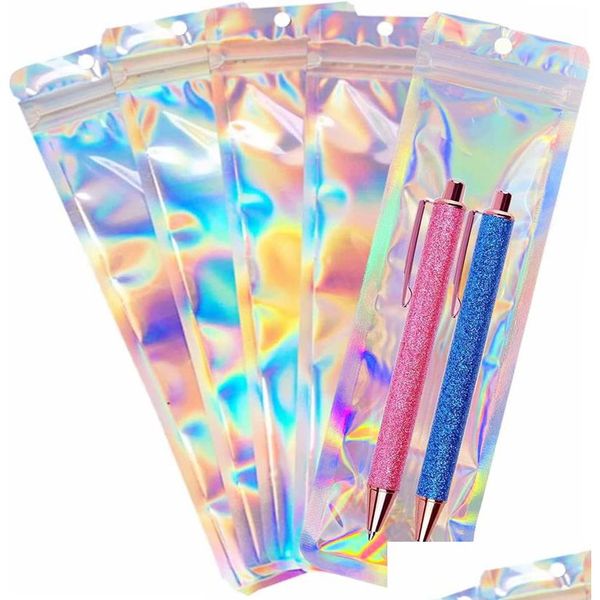 Sacs d'emballage Sacs d'emballage en gros Petite entreprise-2,4x9 pouces Stylo holographique refermable pour bijoux Lipgloss Sac d'échantillon cosmétique Dr Dh1Ml