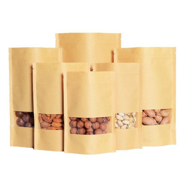 Sacs d'emballage en gros sacs en papier kraft scellables réutilisables avec fenêtre pochettes debout fermeture à glissière stockage des aliments pour produits d'emballage Dr Dhry8