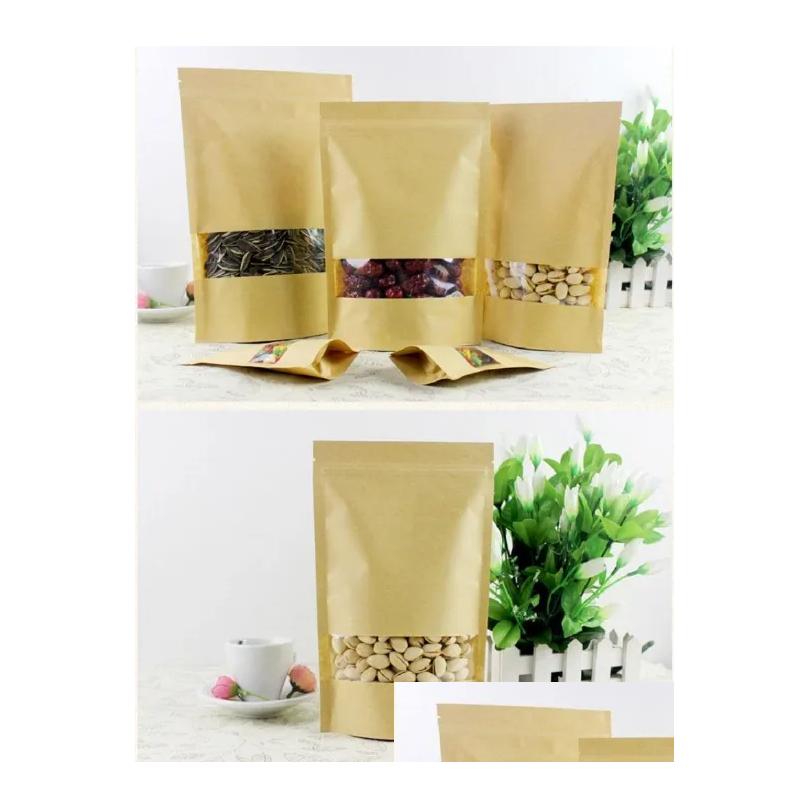 Packing Bags Wholesale Sanitary Kraft Paper Bag Stand Up Gift Driven Food Fruit Tea Packaging Pouches Window Retail Zipper Self Sealin Dhnvr