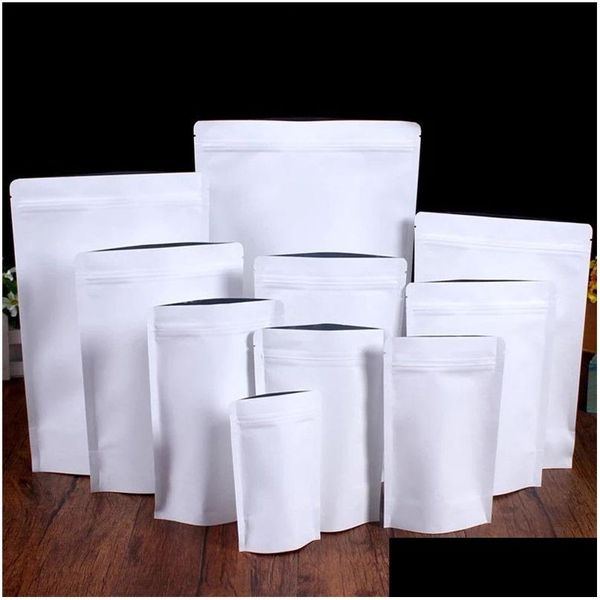 Bolsas de embalaje Venta al por mayor Stand Up White Kraft Bolsa de papel Papel de aluminio Bolsa de embalaje Comida Té Snack A prueba de olores Resellable Drop Deliv Otie4