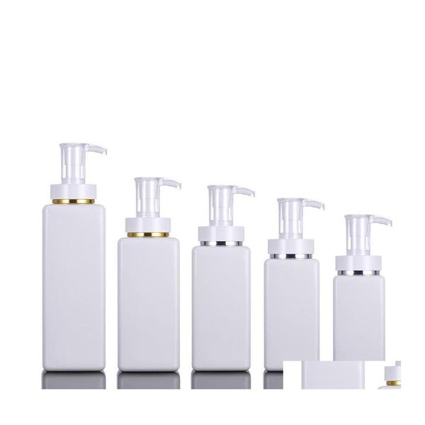 Bouteilles d'emballage 100ml 200ml 300ml Bouteille en plastique blanc Highend Square Sérum Lotion pour le corps Gel douche Pompe Sous-bouteille Drop Livraison Offi Ot9Cb