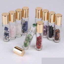 Botellas de embalaje 10 ml Botellas de piedras semipreciosas naturales Aceite esencial Piedra preciosa Bola de rodillo Vidrio transparente Curación Chips de cristal Boutiqu DH8OF